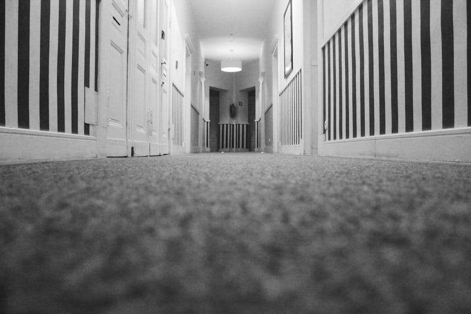 A person dressed in full protective gear, including a white coverall, gloves, and blue shoe covers, is using a professional carpet cleaning machine to deep clean a beige carpet in a well-lit, modern r